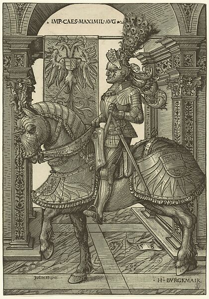 Maximilian I on Horseback, Hans Burgkmair (German, Augsburg 1473–1531 Augsburg), Chiaroscuro woodcut from two blocks, South German, Augsburg and Netherlandish 