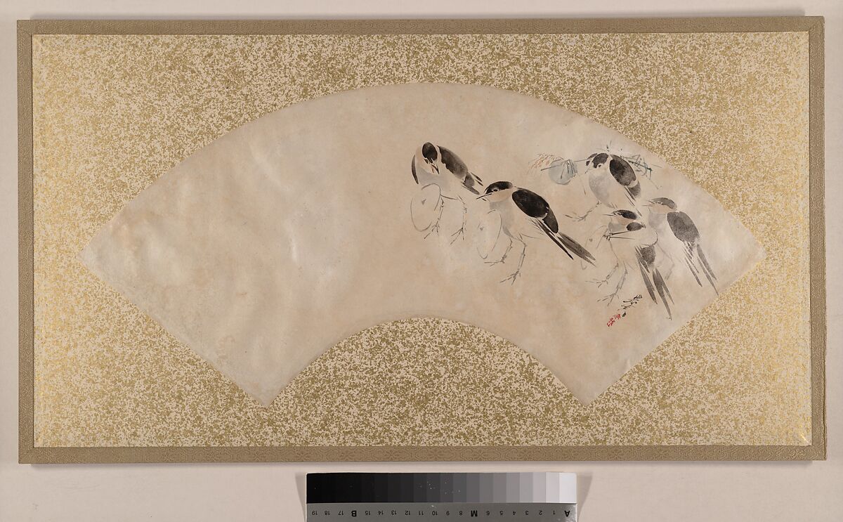 Birds, Shibata Zeshin (Japanese, 1807–1891), Fan painting mounted as album leaf; tempera on paper, Japan 