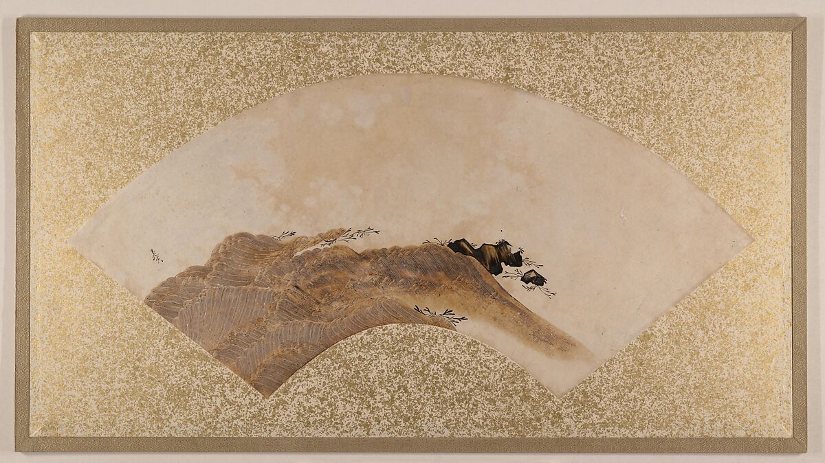 Waves and Rocks, Shibata Zeshin (Japanese, 1807–1891), Fan painting mounted as album leaf; tempera on paper, Japan 