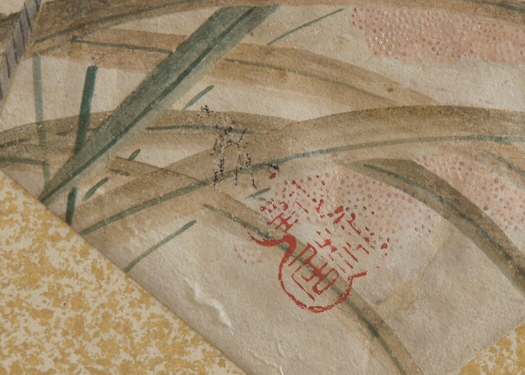 Flowers (pink and white) and Leaves, Clappers, Shibata Zeshin (Japanese, 1807–1891), Fan painting mounted as album leaf; tempera on paper, Japan