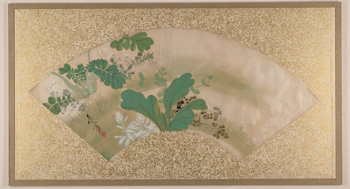 Various Plants and Grass, Shibata Zeshin (Japanese, 1807–1891), Fan painting mounted as album leaf; tempera on paper, Japan 