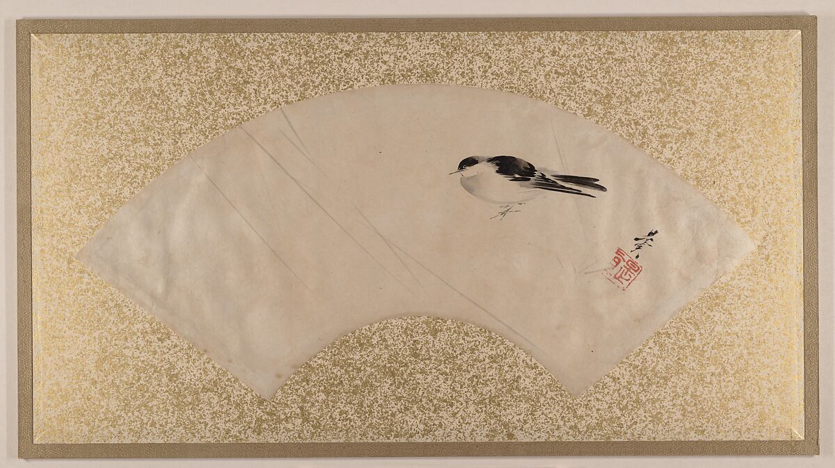 Birds, Shibata Zeshin (Japanese, 1807–1891), Fan painting mounted as album leaf; tempera on paper, Japan 