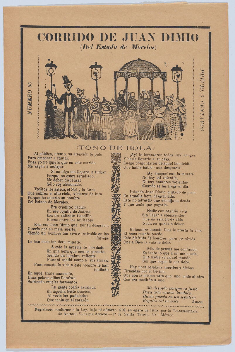 Broadsheet relating to the death of Juan Dimio, crowd of people gathered around a gazebo while a man wearing a top hat looks out toward viewer, José Guadalupe Posada (Mexican, Aguascalientes 1852–1913 Mexico City), Type-metal engraving and letterpress on orange paper 