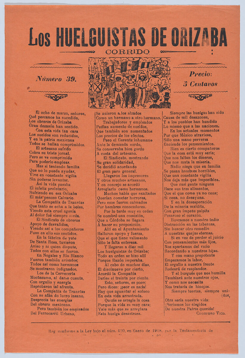 Broadsheet relating to a worker's strike in Orizaba, workers holding up the Mexican flag, flanked by soldiers, José Guadalupe Posada (Mexican, Aguascalientes 1852–1913 Mexico City), Zincograph and letterpress on orange paper 