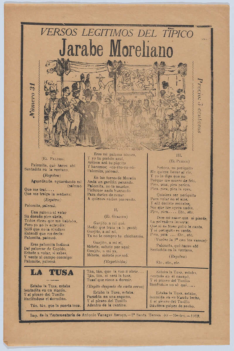 Broadsheet with songs for a Mexican courtship dance called the 'Jarabe Moreliano', a crowd of people and muscians, José Guadalupe Posada (Mexican, Aguascalientes 1852–1913 Mexico City), Zincograph and letterpress on orange paper 