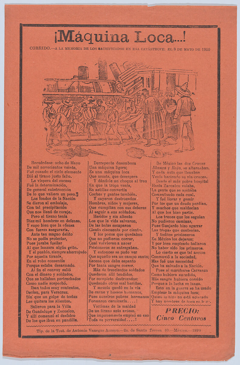 Broadsheet relating to a train accident that killed many people, wounded victims being carried on stretchers, José Guadalupe Posada (Mexican, Aguascalientes 1852–1913 Mexico City), Zincograph and letterpress on orange paper 