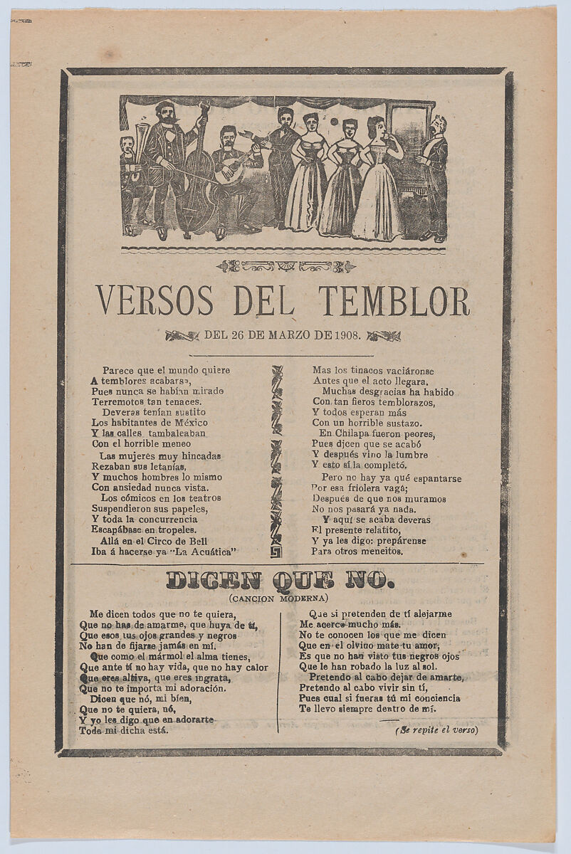 Broadsheet with songs relating to the earthquake that occurred on March 26, 1908, José Guadalupe Posada (Mexican, Aguascalientes 1852–1913 Mexico City), Type-metal engraving and letterpress on tan paper 