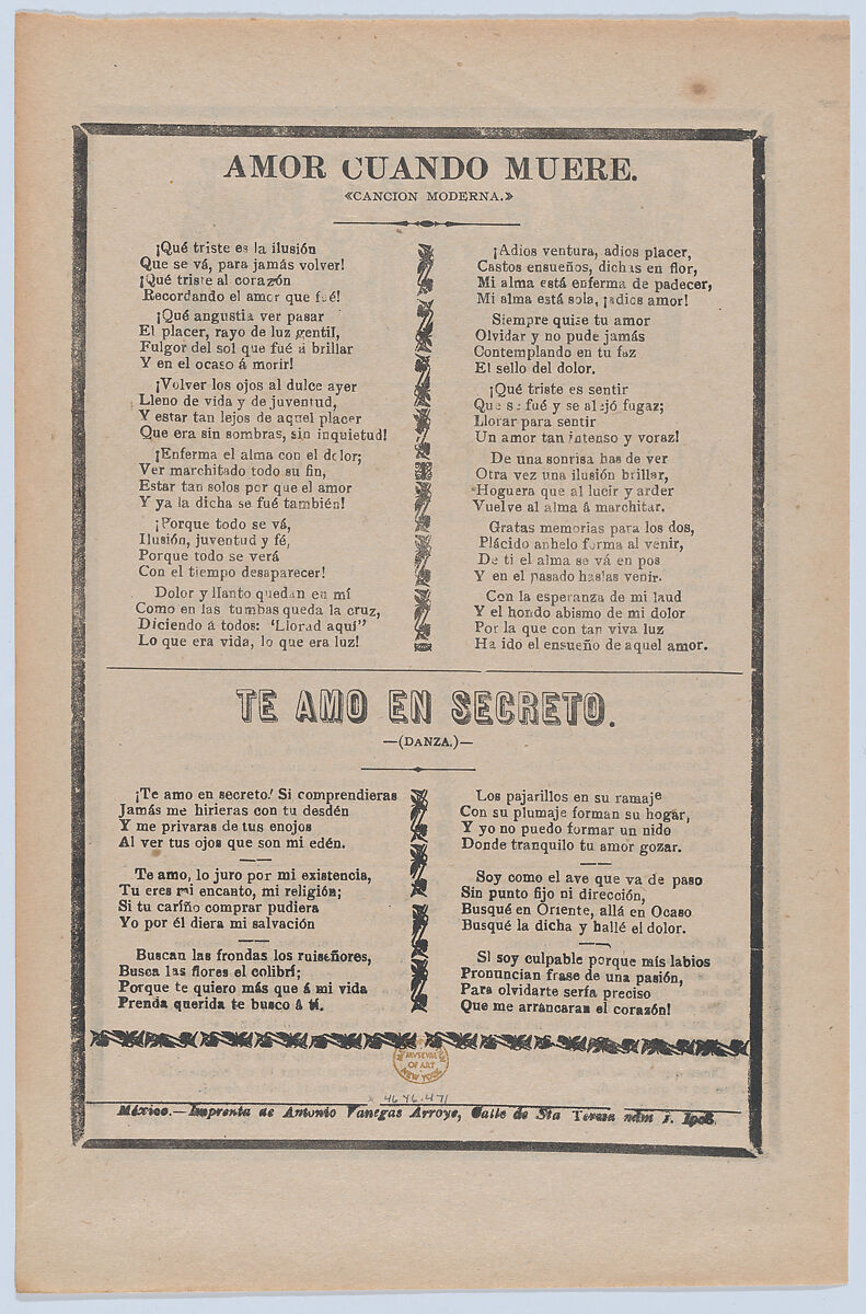 Broadsheet with songs relating to the earthquake that occurred on March 26, 1908, José Guadalupe Posada (Mexican, Aguascalientes 1852–1913 Mexico City), Type-metal engraving and letterpress on tan paper