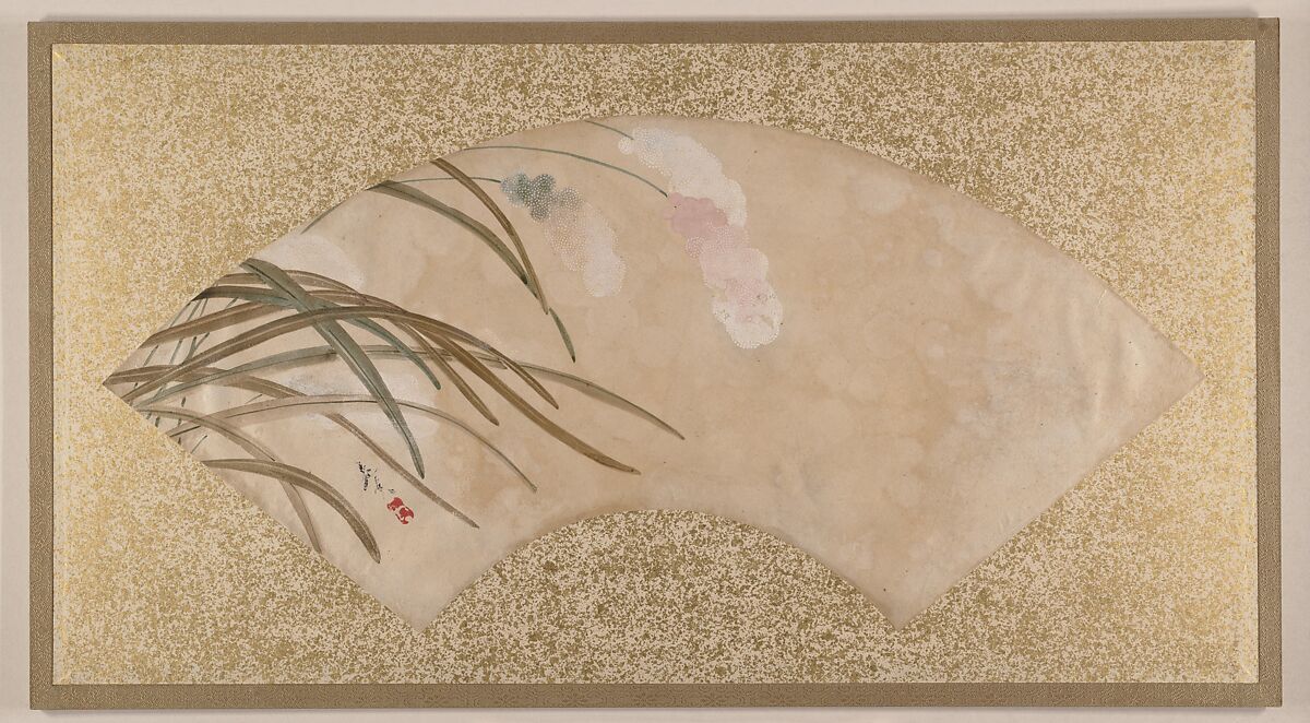 Flowers and Leaves, Shibata Zeshin (Japanese, 1807–1891), Fan painting mounted as album leaf; tempera on paper, Japan 