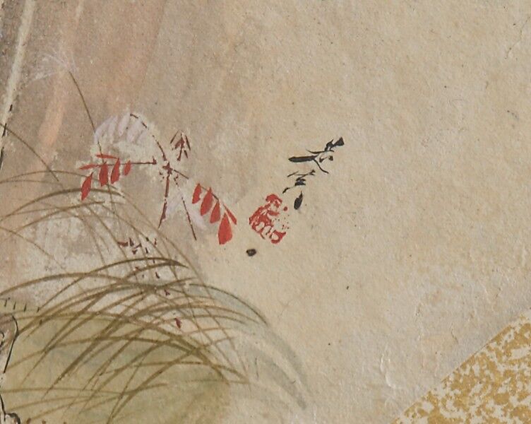 House with Woman and Baby, Shibata Zeshin (Japanese, 1807–1891), Fan painting mounted as album leaf; tempera on paper, Japan