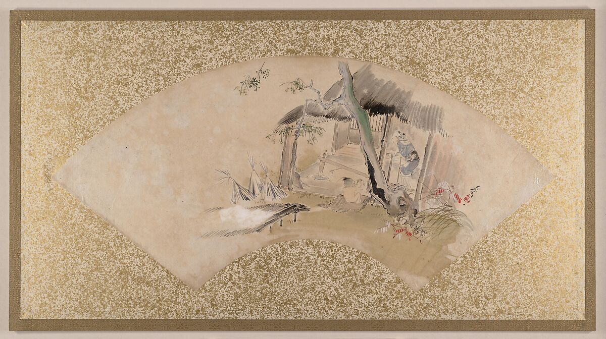 House with Woman and Baby, Shibata Zeshin (Japanese, 1807–1891), Fan painting mounted as album leaf; tempera on paper, Japan 