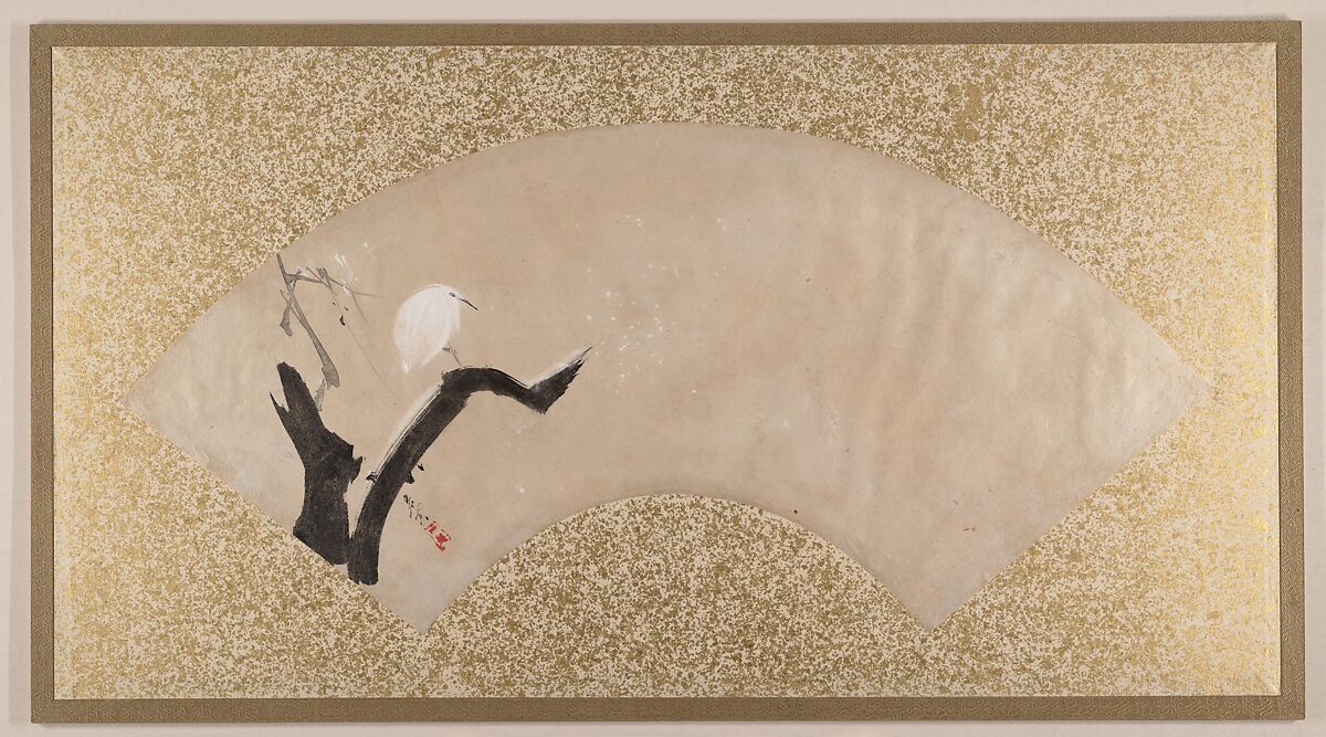 Egret on Tree Stump, Shibata Zeshin (Japanese, 1807–1891), Fan painting mounted as album leaf; tempera on paper, Japan 