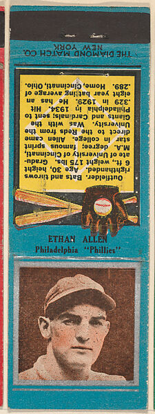 Ethan Allen, Philadelphia Phillies, from the Baseball Players Match Cover design series (U1) issued by Diamond Match Company, The Diamond Match Company (American, founded 1881), Printed matchbook 