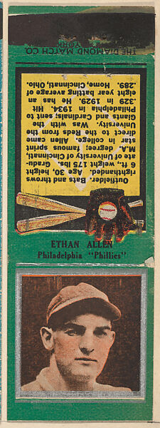 Ethan Allen, Philadelphia Phillies, from the Baseball Players Match Cover design series (U1) issued by Diamond Match Company, The Diamond Match Company, Printed matchbook 