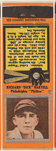 Richard "Dick" Bartell, Philadelphia Phillies, from the Baseball Players Match Cover design series (U1) issued by Diamond Match Company, The Diamond Match Company (American, founded 1881), Printed matchbook 