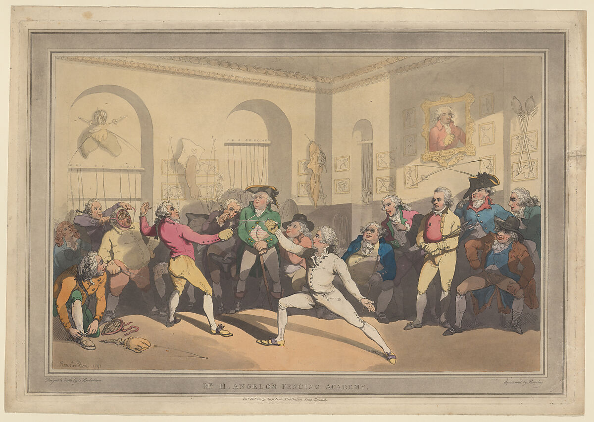 Mr. H. Angelo's Fencing Academy, Designed and etched by Thomas Rowlandson (British, London 1757–1827 London), Hand-colored etching and aquatint 