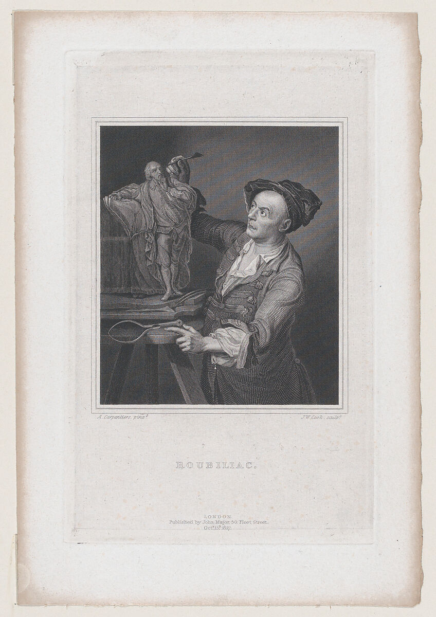 Roubiliac with the Model for Garrick's Shakespeare (Walpole's "Anecdotes of Painting in England," vol. 4), James William Cook (British, active 1819–62), Engraving on chine collé 
