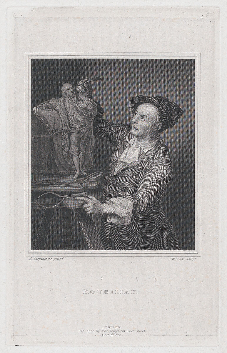 Roubiliac with the Model for Garrick's Shakespeare (Walpole's "Anecdotes of Painting in England," vol. 4), James William Cook (British, active 1819–62), Engraving on chine collé