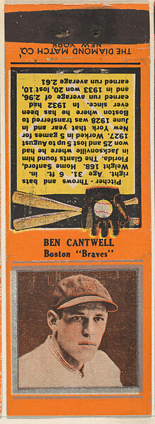 Ben Cantwell, Boston Braves, from the Baseball Players Match Cover design series (U1) issued by Diamond Match Company, The Diamond Match Company (American, founded 1881), Printed matchbook 