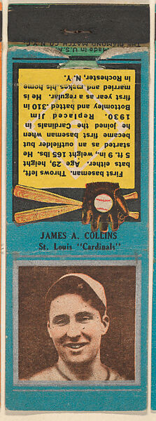 James A. Collins, St. Louis Cardinals, from the Baseball Players Match Cover design series (U1) issued by Diamond Match Company, The Diamond Match Company, Printed matchbook 