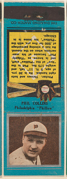 Phil Collins, Philadelphia Phillies, from the Baseball Players Match Cover design series (U1) issued by Diamond Match Company, The Diamond Match Company, Printed matchbook 