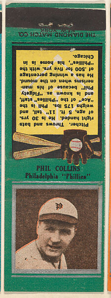 Phil Collins, Philadelphia Phillies, from the Baseball Players Match Cover design series (U1) issued by Diamond Match Company, The Diamond Match Company, Printed matchbook 