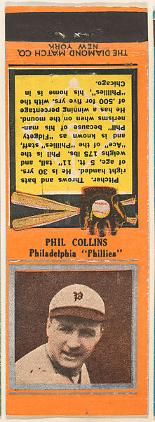 Phil Collins, Philadelphia Phillies, from the Baseball Players Match Cover design series (U1) issued by Diamond Match Company, The Diamond Match Company, Printed matchbook 