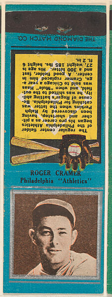 Roger Cramer, Philadelphia Athletics, from the Baseball Players Match Cover design series (U1) issued by Diamond Match Company, The Diamond Match Company, Printed matchbook 