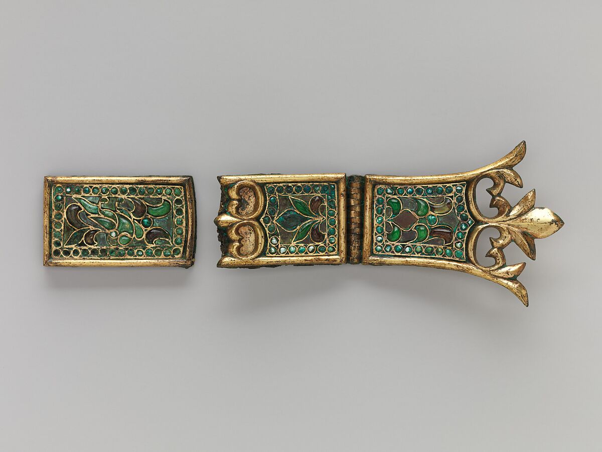 Belt buckle and decorative plaques, Gilt bronze inlaid with glass and pearls; silk backing, China