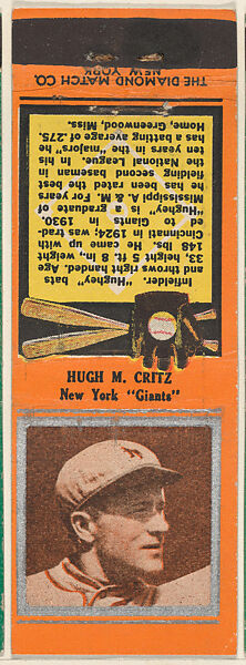 Hugh M. Critz, New York Giants, from the Baseball Players Match Cover design series (U1) issued by Diamond Match Company, The Diamond Match Company (American, founded 1881), Printed matchbook 