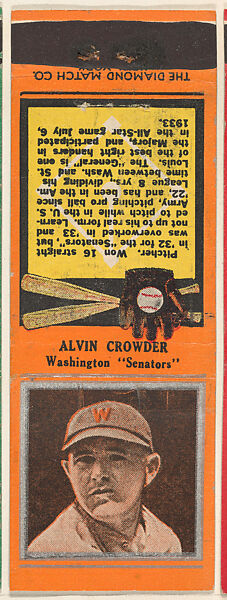Alvin Crowder, Washington Senators, from the Baseball Players Match Cover design series (U1) issued by Diamond Match Company, The Diamond Match Company (American, founded 1881), Printed matchbook 