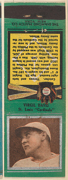 Virgil Davis, St. Louis Cardinals, from the Baseball Players Match Cover design series (U1) issued by Diamond Match Company, The Diamond Match Company, Printed matchbook 