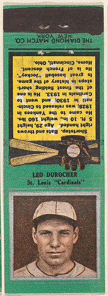 Leo Durocher, St. Louis Cardinals, from the Baseball Players Match Cover design series (U1) issued by Diamond Match Company, The Diamond Match Company, Printed matchbook 