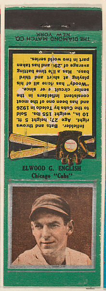 Elwood G. English, Chicago Cubs, from the Baseball Players Match Cover design series (U1) issued by Diamond Match Company, The Diamond Match Company, Printed matchbook 