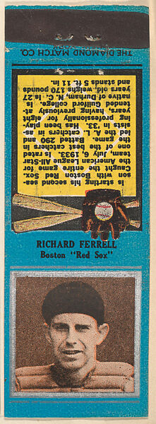 Richard Ferrell, Boston Red Sox, from the Baseball Players Match Cover design series (U1) issued by Diamond Match Company, The Diamond Match Company (American, founded 1881), Printed matchbook 