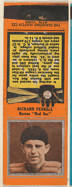 Richard Ferrell, Boston Red Sox, from the Baseball Players Match Cover design series (U1) issued by Diamond Match Company, The Diamond Match Company (American, founded 1881), Printed matchbook 
