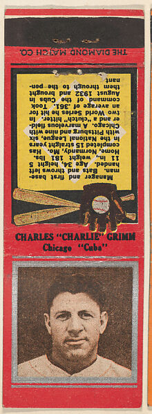 Charles "Charlie" Grimm, Chicago Cubs, from the Baseball Players Match Cover design series (U1) issued by Diamond Match Company, The Diamond Match Company, Printed matchbook 