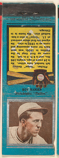 Ray Hansen, Philadelphia Phillies, from the Baseball Players Match Cover design series (U1) issued by Diamond Match Company, The Diamond Match Company, Printed matchbook 
