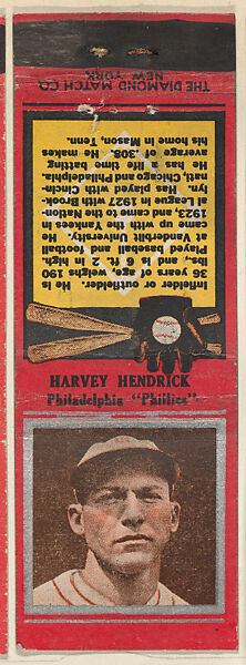 Harvey Hendrick, Philadelphia Phillies, from the Baseball Players Match Cover design series (U1) issued by Diamond Match Company, The Diamond Match Company, Printed matchbook 