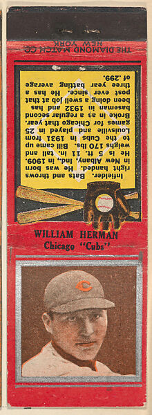 William Herman, Chicago Cubs, from the Baseball Players Match Cover design series (U1) issued by Diamond Match Company, The Diamond Match Company, Printed matchbook 