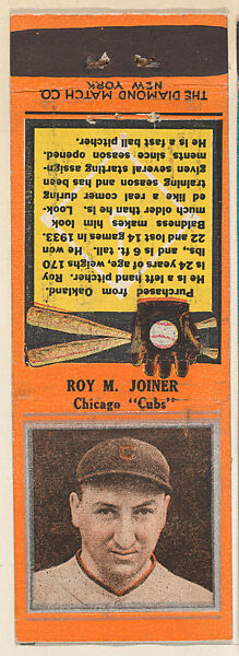 Roy M. Joiner, Chicago Cubs, from the Baseball Players Match Cover design series (U1) issued by Diamond Match Company, The Diamond Match Company, Printed matchbook 