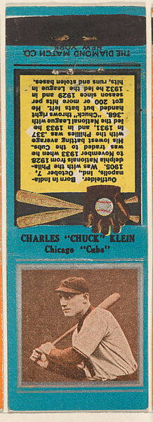 Charles "Chuck" Klein, Chicago Cubs, from the Baseball Players Match Cover design series (U1) issued by Diamond Match Company, The Diamond Match Company, Printed matchbook 