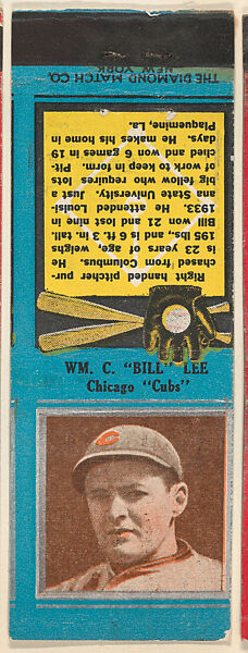 Wm. C. "Bill" Lee, Chicago Cubs, from the Baseball Players Match Cover design series (U1) issued by Diamond Match Company, The Diamond Match Company, Printed matchbook 
