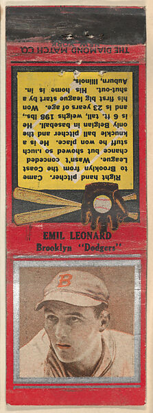 Emil Leonard, Brooklyn Dodgers, from the Baseball Players Match Cover design series (U1) issued by Diamond Match Company, The Diamond Match Company, Printed matchbook 
