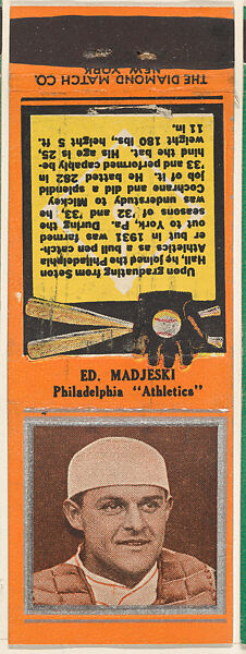 Ed. Madjeski, Philadelphia Athletics, from the Baseball Players Match Cover design series (U1) issued by Diamond Match Company, The Diamond Match Company, Printed matchbook 