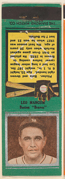 Leo Mangum, Boston Braves, from the Baseball Players Match Cover design series (U1) issued by Diamond Match Company, The Diamond Match Company (American, founded 1881), Printed matchbook 