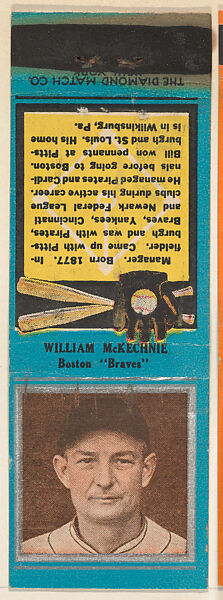 William McKechnie, Boston Braves, from the Baseball Players Match Cover design series (U1) issued by Diamond Match Company, The Diamond Match Company (American, founded 1881), Printed matchbook 