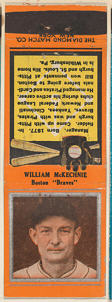 William McKechnie, Boston Braves, from the Baseball Players Match Cover design series (U1) issued by Diamond Match Company, The Diamond Match Company, Printed matchbook 