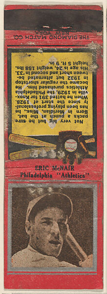 Eric McNair, Philadelphia Athletics, from the Baseball Players Match Cover design series (U1) issued by Diamond Match Company, The Diamond Match Company, Printed matchbook 