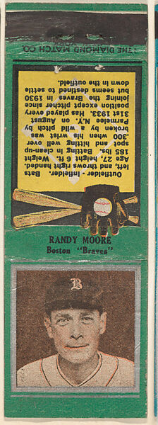 Randy Moore, Boston Braves, from the Baseball Players Match Cover design series (U1) issued by Diamond Match Company, The Diamond Match Company (American, founded 1881), Printed matchbook 